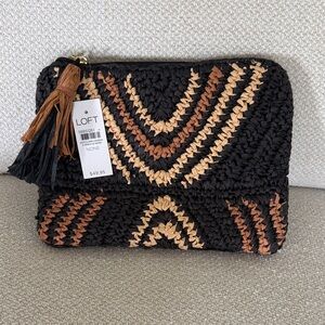 LOFT Black Clutch with Tan & Brown Woven Accents